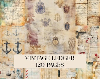 Vintage Ledger Papers, Aged Old Writing Printable Ephemera, Vintage Junk Journals Pages, Ledger Journal, Scrapbooking Collage Sheet, Digital