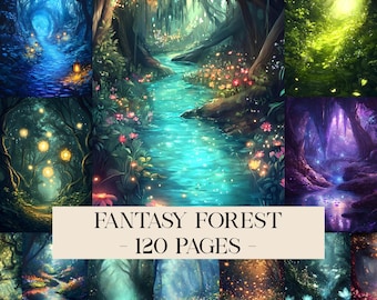 Papeles digitales de Bosque Encantado, Fondos de fantasía, Páginas de diario basura de Bosque Mágico, Fondo de fantasía, Efímera de Hongos Encantados