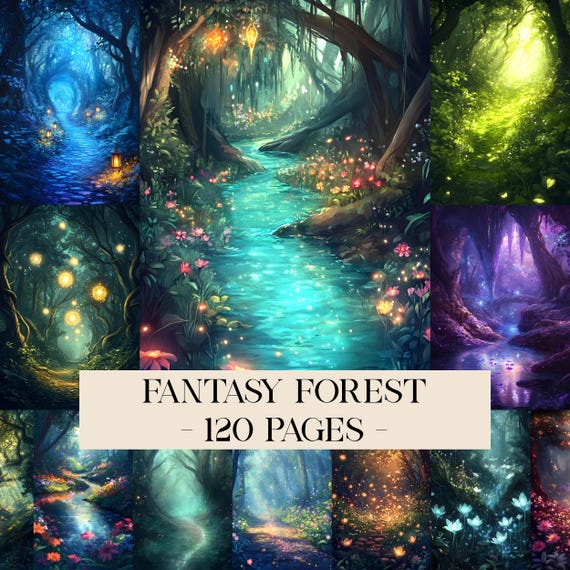 Enchanted Forest Digital Papers, Fantasy Backgrounds, Magical Forest Junk Journal Pages, Fantasy Background, Enchanted Mushrooms Ephemera