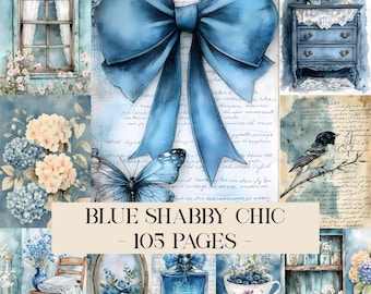 Blue Shabby Chic Junk Journal Kit, Vintage Digital Papers, French Country Ephemera, Romantic Floral Backgrounds, Printable Antique Paper