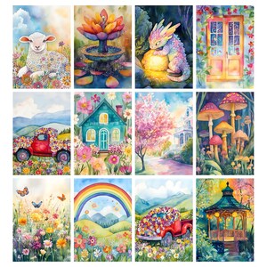 May include: A set of twelve watercolour paintings depicting fantastical scenes. The artwork includes a lamb in a flower field, a fountain, a dragon, a door, a red truck, a house, a tree, mushrooms, a rainbow, and a gazebo. The colour palette is soft and vibrant.