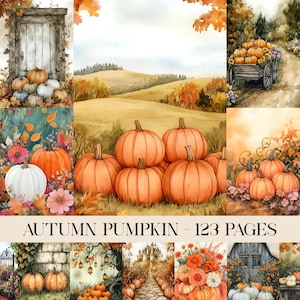 May include: Watercolor illustrations of pumpkins, autumn landscapes, and fall foliage. The images feature orange pumpkins, a wooden cart, a door, and a path leading to a castle. Text reads "AUTUMN PUMPKIN - 123 PAGES".
