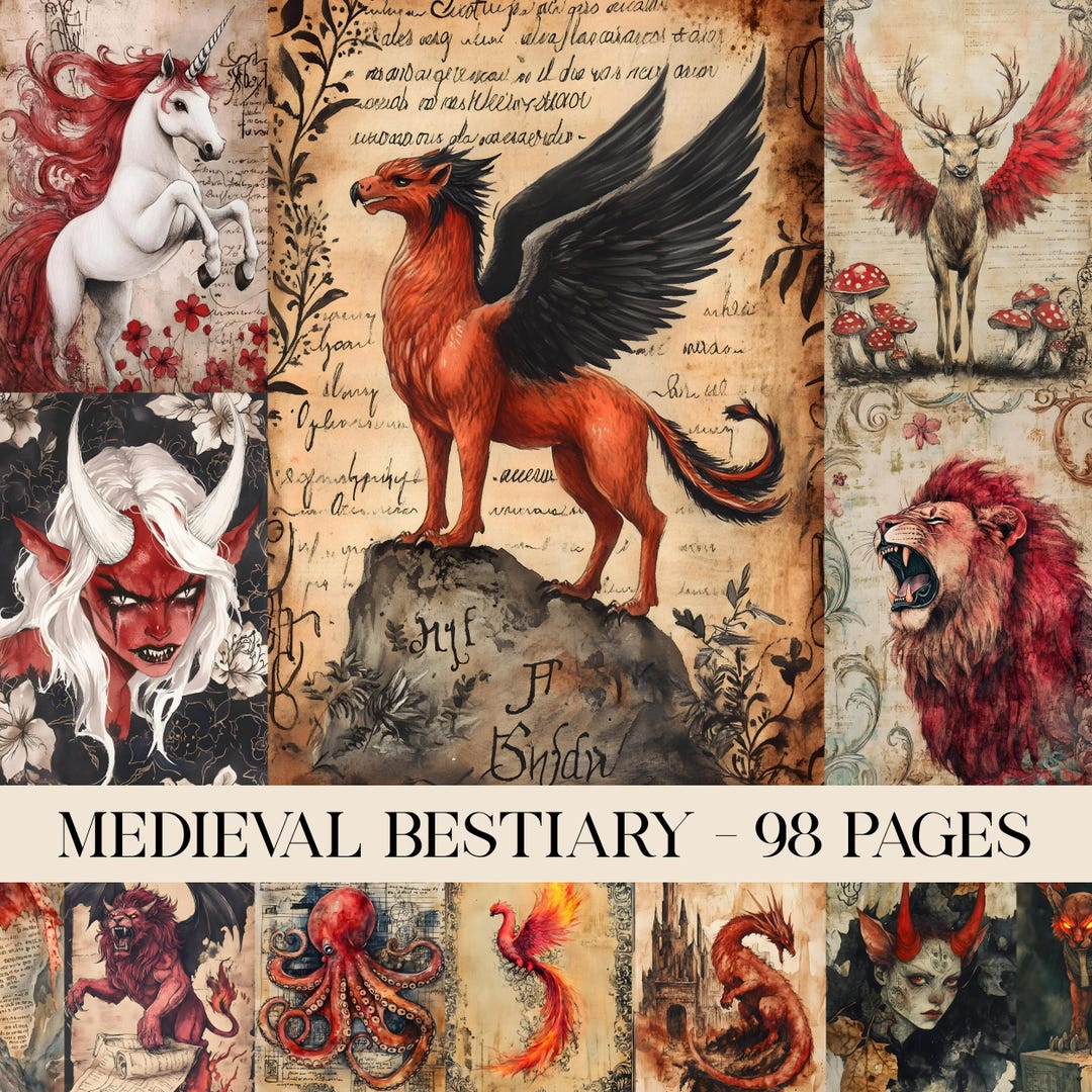 Medieval Scarlet Bestiary Junk Journal Pages, Digital Paper, Scrapbook ...
