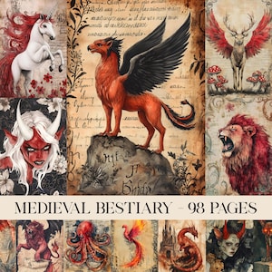 Könnte beinhalten: Eine Sammlung von Fantasy-Kunstwerken mit Fabelwesen wie einem Greif, einem Einhorn und einem Löwen. Die Kunstwerke haben eine Vintage-Ästhetik mit einem pergamentartigen Hintergrund und handschriftlichem Text. Der Text "MEDIEVAL BESTIARY - 98 PAGES" ist unten zu sehen.