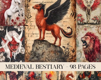 Medieval Scarlet Bestiary Junk Journal Pages, Digital Paper, Scrapbook Paper, Fantasy, Enchanted, Mythical Creatures, Grimoire, Gothic