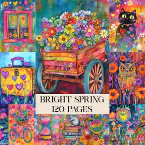 Puede incluir: Una vibrante ilustración en acuarela con un carro lleno de flores, una maleta amarilla con corazones morados y un gato negro con detalles de corazón. Se muestra el texto "BRIGHT SPRING - 120 PAGES".