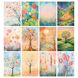 May include: A collection of twelve watercolor paintings featuring nature scenes. The artwork includes trees with colorful blossoms, vibrant flowers, and landscapes with soft, pastel hues. The paintings evoke a sense of spring and tranquility.