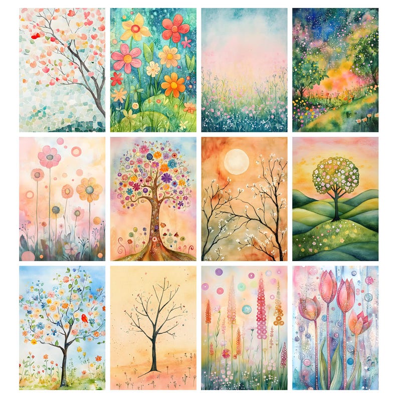May include: A collection of twelve watercolor paintings featuring nature scenes. The artwork includes trees with colorful blossoms, vibrant flowers, and landscapes with soft, pastel hues. The paintings evoke a sense of spring and tranquility.