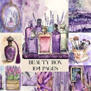 May include: Watercolor illustration featuring a collection of perfume bottles in shades of purple and pink, arranged on a tray. The image includes the text "BEAUTY BOX - 104 PAGES -" and other beauty-related elements, such as makeup brushes and lavender sprigs.