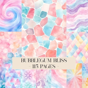 Whimsical Pastel Watercolor Background Textures Junk Journal Digit Kit Bundle Pages Mixed Media Printable Scrapbook Bubblegum Bliss Colorful