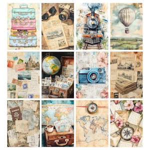May include: A collection of watercolor illustrations featuring travel-themed imagery. The images include stacked suitcases with flowers, a vintage camera, a train, a hot air balloon, a globe, a compass, and maps, all in a vintage style.