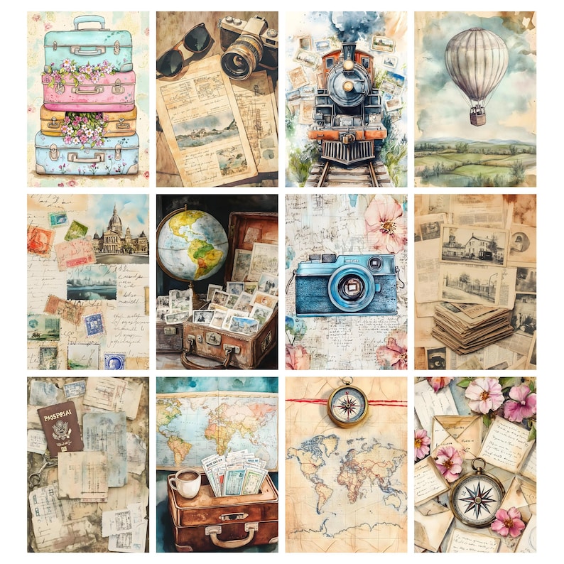 May include: A collection of watercolor illustrations featuring travel-themed imagery. The images include stacked suitcases with flowers, a vintage camera, a train, a hot air balloon, a globe, a compass, and maps, all in a vintage style.