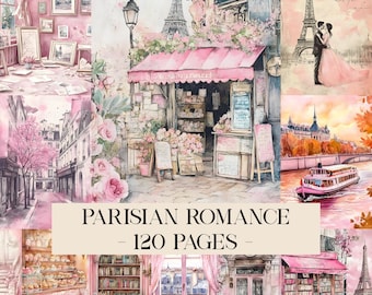 May include: A collage of watercolor illustrations with a Parisian theme. The images include the Eiffel Tower, a flower shop, and romantic scenes. The text "PARISIAN ROMANCE - 120 PAGES" is displayed across the center of the collage.