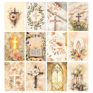 May include: A collection of watercolor art prints featuring religious imagery. Each print showcases a cross, often adorned with flowers, set against a soft, neutral background. The artwork evokes a sense of peace and spirituality, with warm color palettes and floral accents.