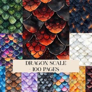 May include: A collection of watercolor dragon scale patterns in various colors, including green, red, purple, and blue. The image features a variety of scale designs, with the text "DRAGON SCALE - 100 PAGES" in the center.