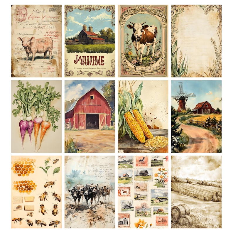 Vintage bondgårds-ephemera, digitalt collageark, utskrivbart skräpjournalkit för lantlig användning, scrapbook-papper för bondgårdsliv, utskrivbara bilder på bondgårdsdjur bild 4