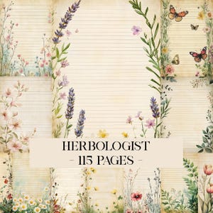 May include: A journal with lined pages, featuring floral and butterfly illustrations. The cover text reads "HERBOLOGIST - 115 PAGES". The design includes lavender, wildflowers, and butterflies, with a vintage, botanical aesthetic.