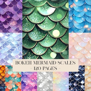 May include: A collection of digital papers featuring mermaid scale patterns in various colors, including purple, green, blue, and pink. The image includes the text "Bokeh Mermaid Scales - 120 Pages". The scales have a bokeh effect.