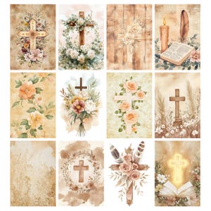 May include: A collection of watercolor images featuring crosses, flowers, and religious symbols. The crosses are adorned with floral arrangements, feathers, and surrounded by open books and candles. The color palette includes soft pastels and earthy tones.