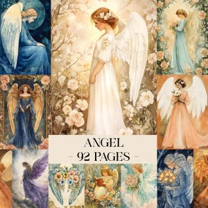 May include: A collection of watercolor illustrations featuring angels in various poses and settings. The images showcase angels with large white wings, flowing gowns, and floral accents. The text "ANGEL - 92 PAGES" is displayed.