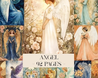 Vintage Angel Junk-dagboekpagina's, hemels collageblad, afdrukbaar engelachtig, vintage ephemera, digitaal plakboek, neutrale download