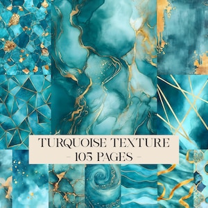 Puede incluir: Una colección de papeles digitales abstractos en turquesa y dorado. Los diseños presentan diversas texturas, incluyendo efectos de acuarela, patrones geométricos y líneas fluidas. El texto "TURQUOISE TEXTURE - 105 PAGES -" se muestra en una pancarta crema.