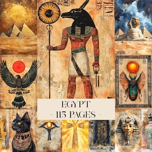 May include: A collage of images with an Egyptian theme. The central image is of a figure with a jackal head holding a staff. Other images include pyramids, a sphinx, a scarab beetle, a black cat, and hieroglyphs. The text "EGYPT - 115 PAGES" is displayed.