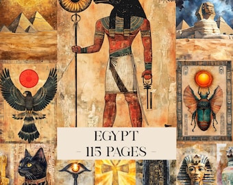 Könnte beinhalten: Eine Collage von Bildern mit ägyptischem Thema. Das zentrale Bild zeigt eine Figur mit einem Schakalkopf, die einen Stab hält. Weitere Bilder zeigen Pyramiden, eine Sphinx, einen Skarabäus, eine schwarze Katze und Hieroglyphen. Der Text "EGYPT - 115 PAGES" wird angezeigt.