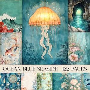 Ocean Blue Seaside Junk Journal pages, Coastal Beach Printable Ephemera Paper, Sea Underwater Animal Scrapbook Collage, sea junk journal