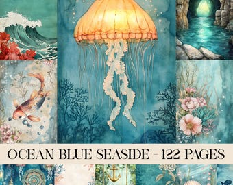 Ocean Blue Seaside Junk Journal pages, Coastal Beach Printable Ephemera Paper, Sea Underwater Animal Scrapbook Collage, sea junk journal
