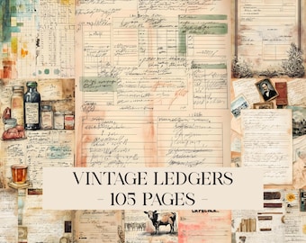 Vintage Ledgers Junk Journal Kit, Neutral Printable Pages, Vintage Pages, Neutral Journaling, Digital Papers, Scrapbooking, Digital Download