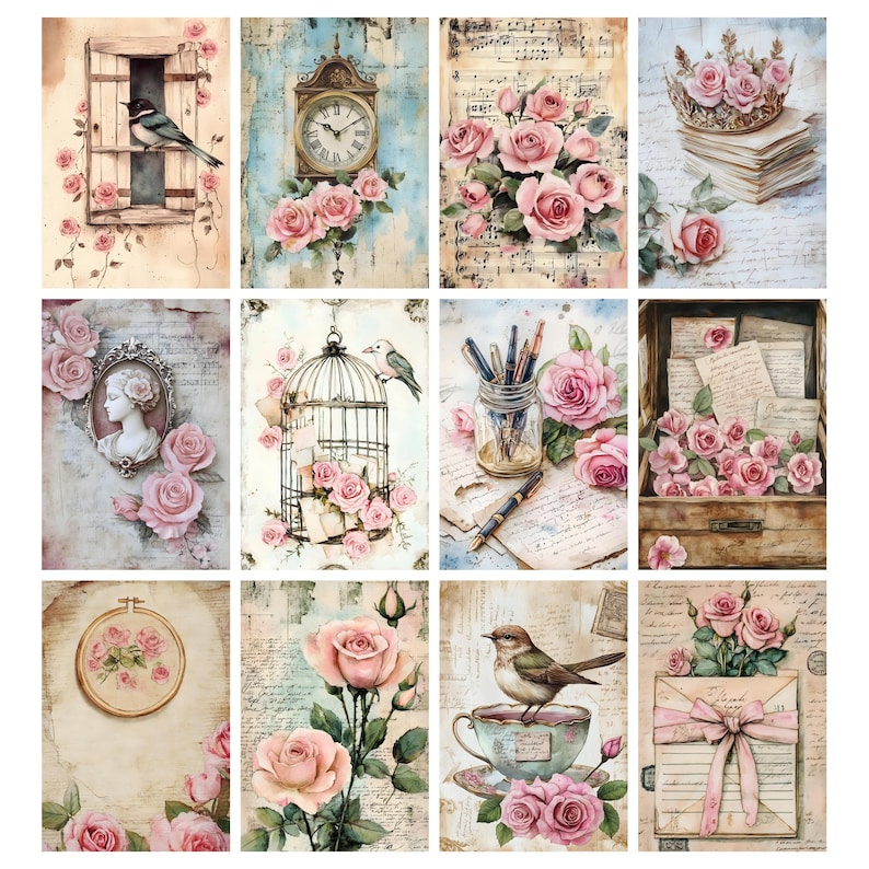 Może przedstawiać: Kolekcja dwunastu grafik w stylu vintage. Każda grafika przedstawia inny motyw, w tym r&oacute;że, ptaki, zegary i nuty. Paleta kolor&oacute;w jest delikatna, z r&oacute;żami, błękitami i kremami, tworząc romantyczny i nostalgiczny nastr&oacute;j.