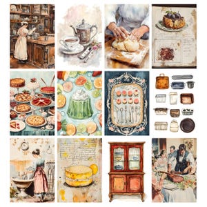 Pode incluir: Ilustra&ccedil;&otilde;es em aquarela de cenas de cozinha vintage. As imagens incluem uma mulher em uma cozinha, um jogo de ch&aacute;, um padeiro amassando massa, um bolo, v&aacute;rias tortas, uma sobremesa de gelatina, uma bandeja de doces, assadeiras, uma mulher lavando lou&ccedil;a, um bolo, um arm&aacute;rio e uma fam&iacute;lia &agrave; mesa.