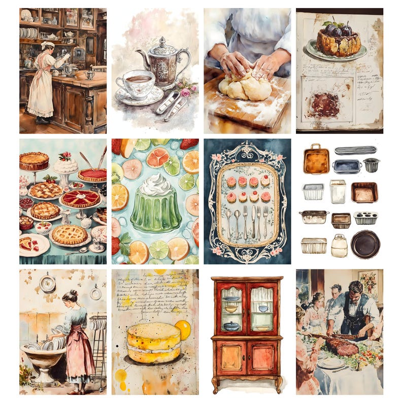 Pode incluir: Ilustra&ccedil;&otilde;es em aquarela de cenas de cozinha vintage. As imagens incluem uma mulher em uma cozinha, um jogo de ch&aacute;, um padeiro amassando massa, um bolo, v&aacute;rias tortas, uma sobremesa de gelatina, uma bandeja de doces, assadeiras, uma mulher lavando lou&ccedil;a, um bolo, um arm&aacute;rio e uma fam&iacute;lia &agrave; mesa.