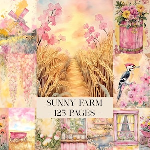 May include: Watercolor illustrations with a farm theme. The images include a windmill, wheat field path, flowers, a bird, and a cart. The text "SUNNY FARM - 125 PAGES" is displayed on a banner.
