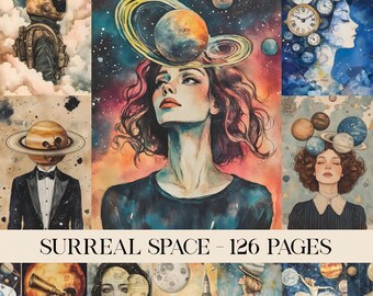 Surreal Astral Collage Pages, Junk Journal, Sci-fi Cosmic Aesthetic Images, Galaxy-inspired Junk Journal, Outer Space Scrapbooking Supplies