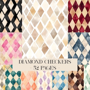 Pode incluir: Uma coleção de padrões de xadrez de diamantes em várias cores, incluindo preto, bege, rosa, vermelho, azul e roxo. A imagem apresenta o texto "DIAMOND CHECKERS - 52 PAGES".