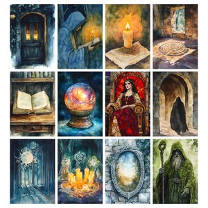 May include: A collection of watercolor paintings depicting mystical and fantasy scenes. Images include a glowing crystal ball, a robed figure, a candle, an open book, a woman in a red dress, and a mirror. The artwork evokes a sense of magic and mystery.