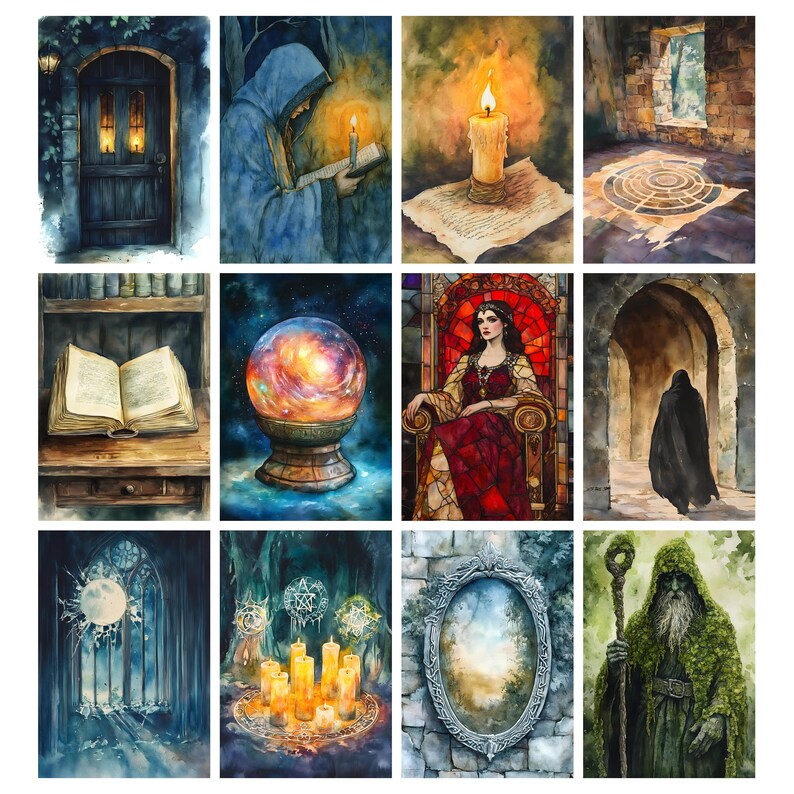 May include: A collection of watercolor paintings depicting mystical and fantasy scenes. Images include a glowing crystal ball, a robed figure, a candle, an open book, a woman in a red dress, and a mirror. The artwork evokes a sense of magic and mystery.