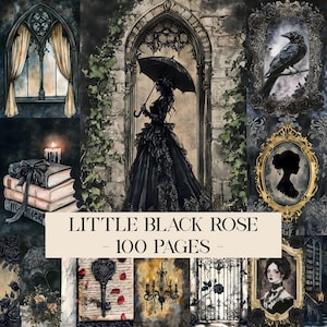 Puede incluir: Un collage de ilustraciones góticas. Presenta a una mujer con un vestido negro con paraguas, un cuervo, una silueta, una llave, una lámpara de araña, una ventana, libros y el texto "LITTLE BLACK ROSE - 100 PAGES". La paleta de colores es principalmente negro, blanco y dorado.