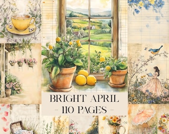 Páginas brillantes de abril para diario basura, efímeras de primavera, páginas de primavera, kit de diario basura de jardín, efímeras de jardín, papeles para álbumes de recortes, collage digital