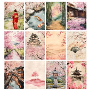 May include: A collection of watercolor art prints featuring Japanese landscapes. Scenes include a woman in a red kimono, koi fish in a pond, a path through bamboo, a traditional house, a river lined with cherry blossom trees, a castle, and a pagoda.