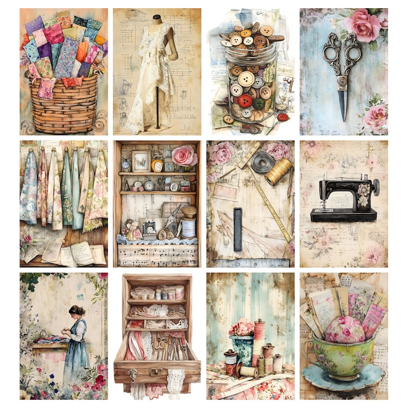 Vintage Sewing Junk Journal Pages, Digital Scrapbook Paper Kit ...