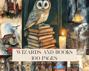 May include: Watercolor illustration featuring a large owl perched atop a stack of books. The image includes a castle, train, and other magical elements. Text reads "Wizards and Books - 100 Pages".