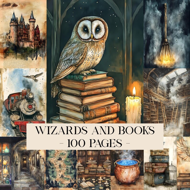 Wizards and Books Junk Journal Kit Printable, Wizard Digital Collage ...