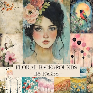 May include: A digital collection of floral backgrounds. The image showcases a central portrait of a woman with floral adornments, surrounded by watercolour illustrations of flowers, butterflies, and landscapes. Text reads "FLORAL BACKGROUNDS - 118 PAGES".