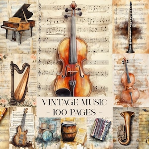 Op de afbeelding: Waterverfillustratie van diverse muziekinstrumenten, waaronder een viool, piano, harp en drums, tegen een achtergrond van vintage bladmuziek. De tekst "VINTAGE MUSIC - 100 PAGES" staat in het midden.
