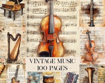 Può includere: Illustrazione ad acquerello di vari strumenti musicali, tra cui un violino, un pianoforte, un'arpa e una batteria, sullo sfondo di spartiti vintage. Il testo "VINTAGE MUSIC - 100 PAGES" è visualizzato al centro.