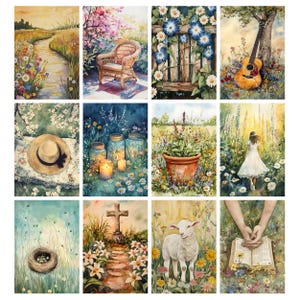 K&ouml;nnte beinhalten: Eine Sammlung von Aquarellmalereien mit ruhigen Szenen im Freien. Die Kunstwerke zeigen einen Pfad durch ein Feld mit Wildblumen, einen Korbstuhl in einem Garten, eine Gitarre an einem Baum und ein Lamm auf einem Feld.