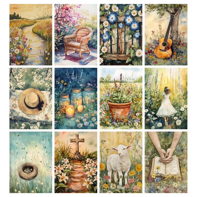 K&ouml;nnte beinhalten: Eine Sammlung von Aquarellmalereien mit ruhigen Szenen im Freien. Die Kunstwerke zeigen einen Pfad durch ein Feld mit Wildblumen, einen Korbstuhl in einem Garten, eine Gitarre an einem Baum und ein Lamm auf einem Feld.